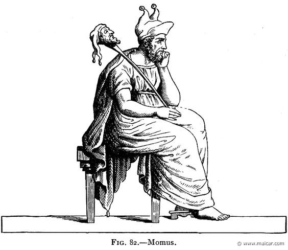 Engraving of Momus, the Greek god, seated